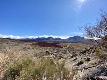 Scenic view of landscape and mountains against blue sky