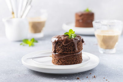 Close-up of cake served on table