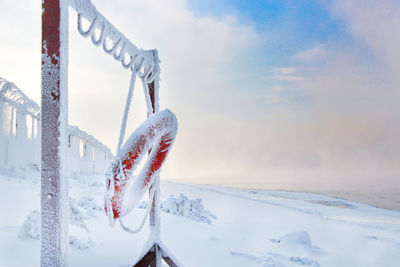 Frozen life belt hanging on hook at snow covered field during winter