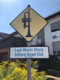 Low angle view of road sign against sky