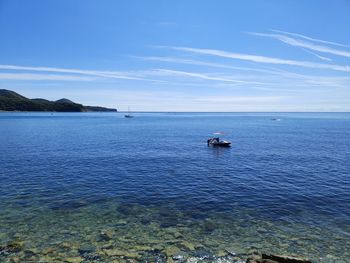 Sailboat sailing in sea against blue sky