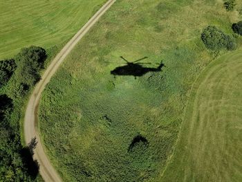 High angle view of helicopter shadow on landscape