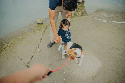 High angle view of father with daughter looking at dog