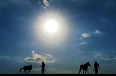 Silhouette people with horses against sky during sunset