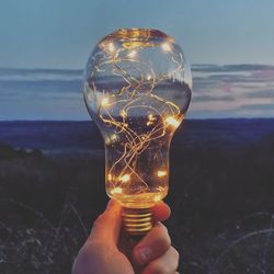 Close-up of hand holding light bulb against sea