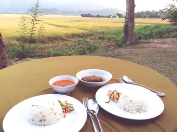 High angle view of meal served on table