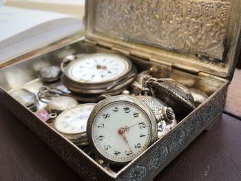 Close-up of antique pocket watches in box