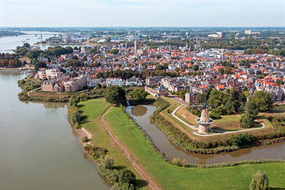 Aerial from the historical city gorinchem at the river merwede in the netherlands