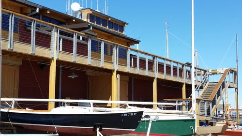 Boats moored against clear sky