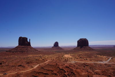 Rock formations on landscape against clear blue sky