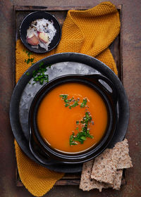 Directly above shot of soup in bowl on table