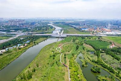 High angle view of bridge over river in city