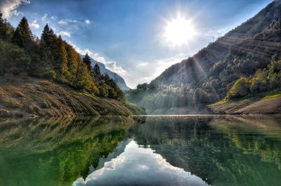 Scenic view of lake by mountains against sky