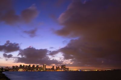 Illuminated buildings in city against sky during sunset