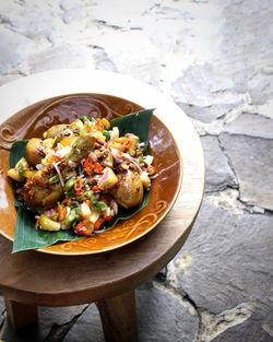 High angle view of vegetables in bowl on table