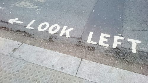 High angle view of road sign on street