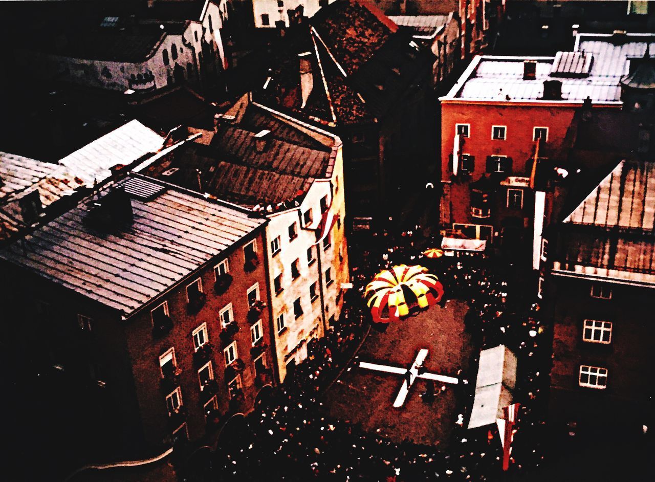 HIGH ANGLE VIEW OF STREET AND BUILDINGS IN TOWN