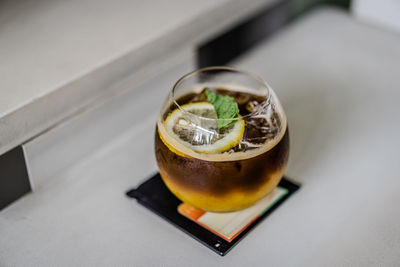 High angle view of drink on table