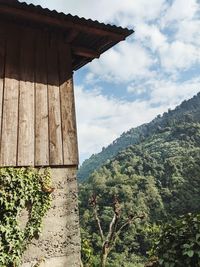 Low angle view of trees and buildings against sky
