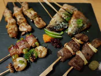 High angle view of seafood on barbecue grill