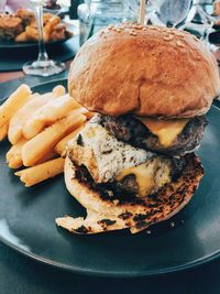 Close-up of burger on table