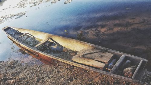 High angle view of abandoned boat on beach