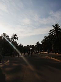 People by palm trees in city against sky