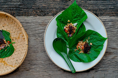 High angle view of food in plate on table