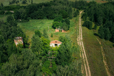 High angle view of people walking on field