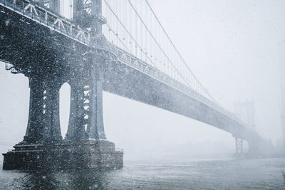 Brooklyn bridge against sky during foggy weather