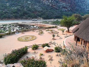 High angle view of swimming pool by river