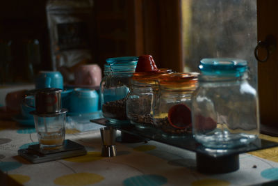 Close-up of wine glasses on table in restaurant