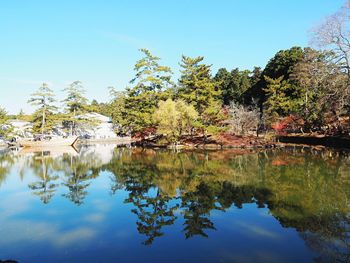 Reflection of trees in lake against sky