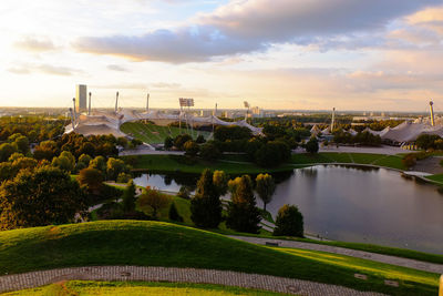 Scenic view of golf course against sky