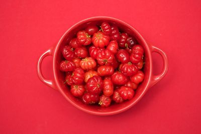 High angle view of strawberries in bowl