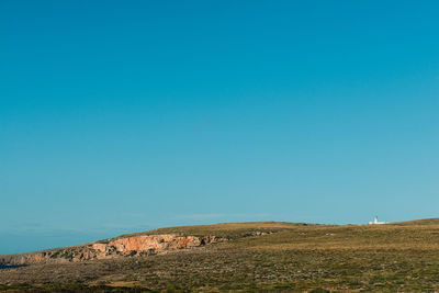 Scenic view of field against clear blue sky