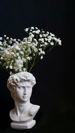 Close-up of white flower vase against black background