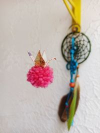 High angle view of butterfly on pink flower