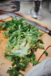 High angle view of chopped vegetables on cutting board