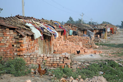 Houses of workers as part of brick factory where they work and live  in sarberia, west bengal, india
