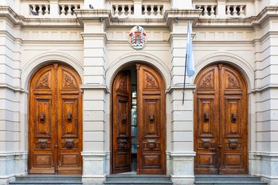 Low angle view of closed door of building