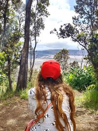 Rear view of woman looking at trees