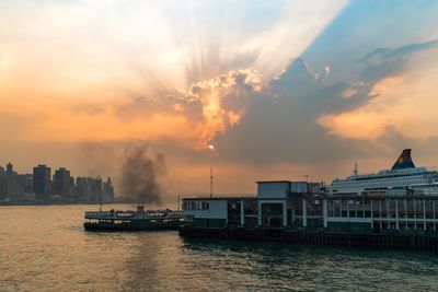 Rays of light sunset view on star ferry, tsim sha tsui, hong kong