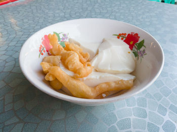 High angle view of food in plate on table