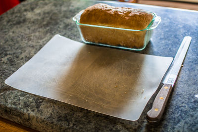 High angle view of bread in plate on table