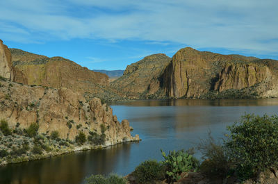 Scenic view of lake and mountains against sky