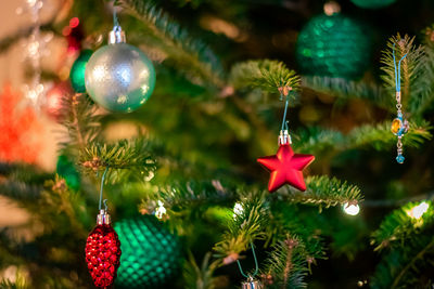 Close-up of christmas decorations hanging on tree