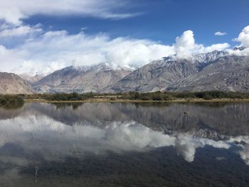 Scenic view of lake and mountains against sky