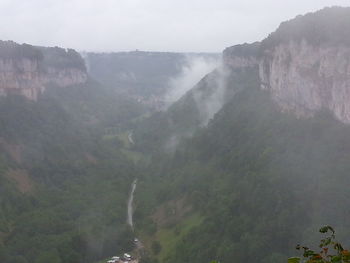 Scenic view of waterfall against sky