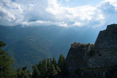Scenic view of historic building and mountains against sky
